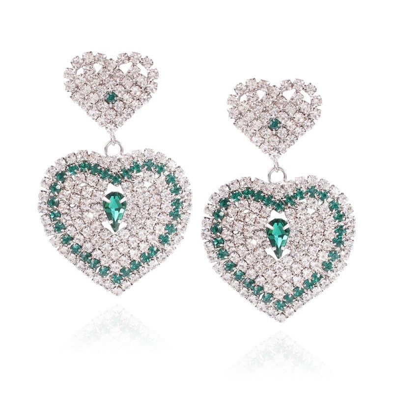 Emerald Silver Heart Drop Glam Earrings