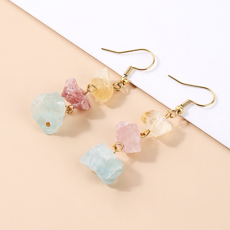 Natural Raw Quartz Wire Wrapped Tumbled Stone  Drop Earrings